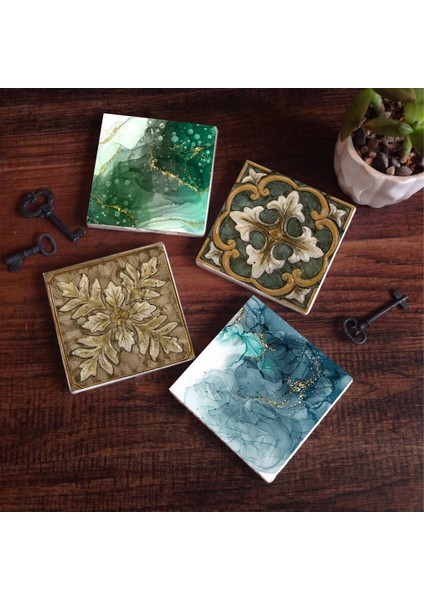 Stone Soyut Sanat, Desen Taş Bardak Altlığı – 4’lü Set, 10x10 cm Dekoratif Masaüstü Koruyucu Doğaltaş Altlık |SC282|