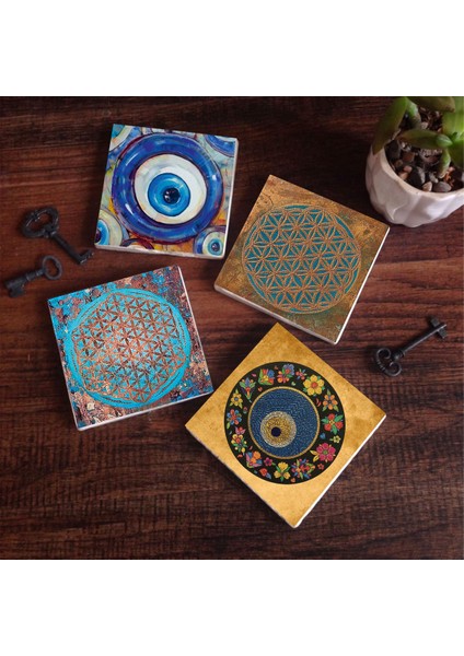 Nazar, Yaşam Çiçeği Taş Bardak Altlığı Masaüstü Koruyucu Altlık 4 Parça Set 10x10cm Stone Coasters SC474