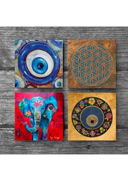 Stone Nazar, Yaşam Çiçeği, Fil Taş Bardak Altlığı – 4’lü Set, 10x10 cm Dekoratif Masaüstü Koruyucu Doğaltaş Altlık |SC477| modelleri