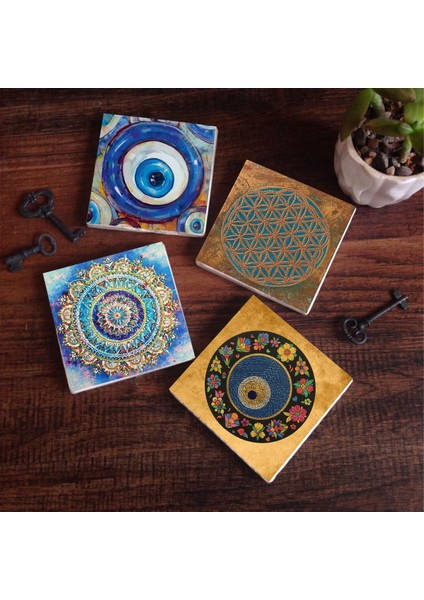 Stone Nazar, Yaşam Çiçeği, Mandala Taş Bardak Altlığı – 4’lü Set, 10x10 cm Dekoratif Masaüstü Koruyucu Doğaltaş Altlık |SC478|