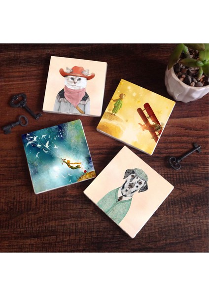Stone Küçük Prens, Köpek, Kedi Taş Bardak Altlığı – 4’lü Set, 10x10 cm Dekoratif Masaüstü Koruyucu Doğaltaş Altlık |SC288|