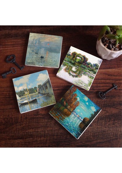 Claude Monet Sonbahar, Gül Çiçekli Kemer, Argenteuil'de Köprü, İzlenim Gün Doğumu Taş Bardak Altlığı Masaüstü Koruyucu Altlık 4 Parça Set 10x10cm Stone Coasters SC481