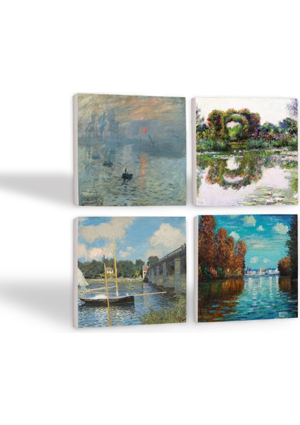 Claude Monet Sonbahar, Gül Çiçekli Kemer, Argenteuil'de Köprü, İzlenim Gün Doğumu Taş Bardak Altlığı Masaüstü Koruyucu Altlık 4 Parça Set 10x10cm Stone Coasters SC481