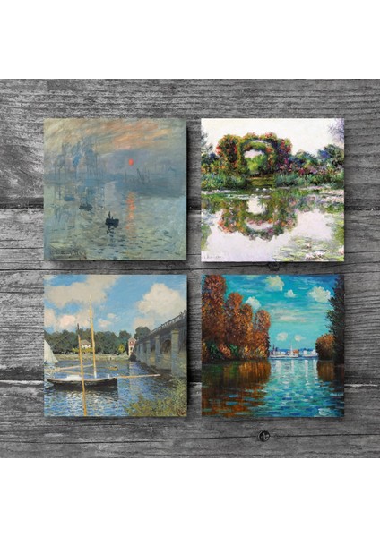 Claude Monet Sonbahar, Gül Çiçekli Kemer, Argenteuil'de Köprü, İzlenim Gün Doğumu Taş Bardak Altlığı Masaüstü Koruyucu Altlık 4 Parça Set 10x10cm Stone Coasters SC481