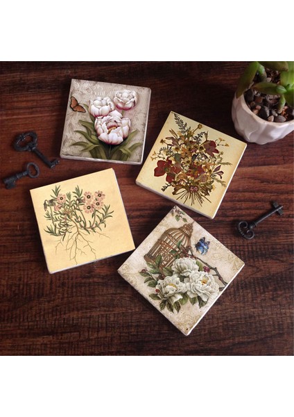 Stone Vintage Çiçek, Kelebekli Çiçek Taş Bardak Altlığı – 4’lü Set, 10x10 cm Dekoratif Masaüstü Koruyucu Doğaltaş Altlık |SC291|