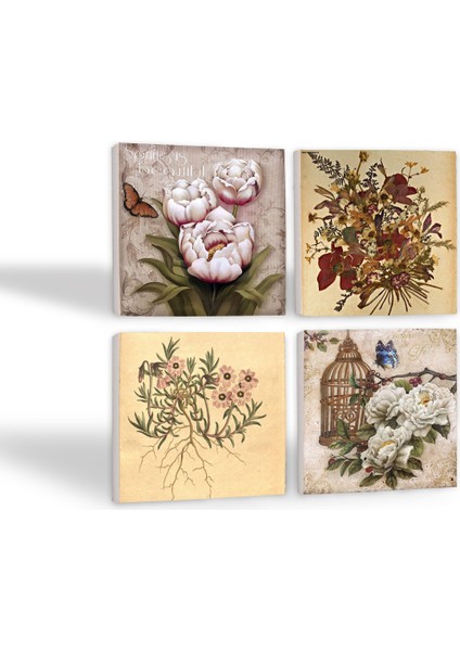 Stone Vintage Çiçek, Kelebekli Çiçek Taş Bardak Altlığı – 4’lü Set, 10x10 cm Dekoratif Masaüstü Koruyucu Doğaltaş Altlık |SC291| fiyatları