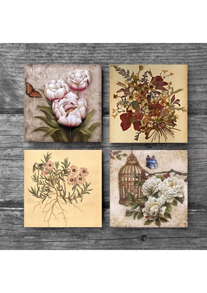 Stone Vintage Çiçek, Kelebekli Çiçek Taş Bardak Altlığı – 4’lü Set, 10x10 cm Dekoratif Masaüstü Koruyucu Doğaltaş Altlık |SC291| modelleri