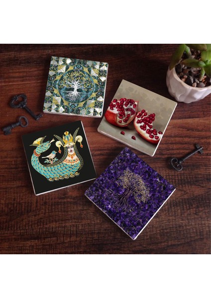 Hayat Ağacı, Şahmeran, Nar Taş Bardak Altlığı Masaüstü Koruyucu Altlık 4 Parça Set 10x10cm Stone Coasters SC483