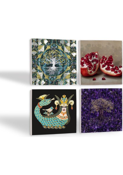 Hayat Ağacı, Şahmeran, Nar Taş Bardak Altlığı Masaüstü Koruyucu Altlık 4 Parça Set 10x10cm Stone Coasters SC483 fiyatları