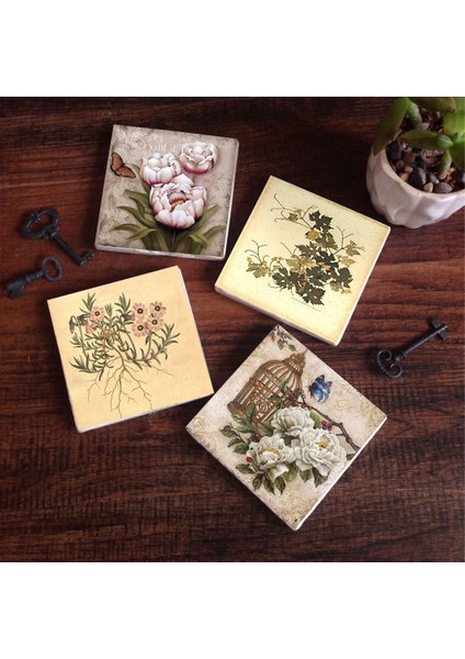 Stone Vintage Çiçek, Kelebekli Çiçek Taş Bardak Altlığı – 4’lü Set, 10x10 cm Dekoratif Masaüstü Koruyucu Doğaltaş Altlık |SC292|