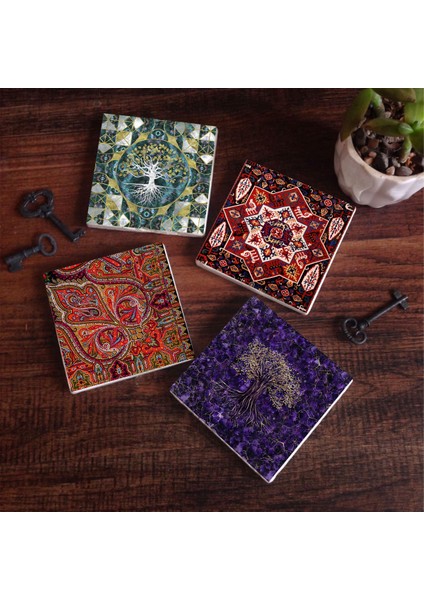 Stone Hayat Ağacı, Desen Taş Bardak Altlığı – 4’lü Set, 10x10 cm Dekoratif Masaüstü Koruyucu Doğaltaş Altlık |SC487|