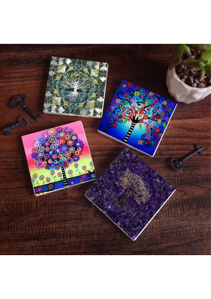 Hayat Ağacı Taş Bardak Altlığı Masaüstü Koruyucu Altlık 4 Parça Set 10x10cm Stone Coasters SC488