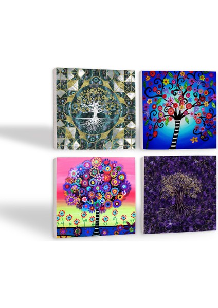 Hayat Ağacı Taş Bardak Altlığı Masaüstü Koruyucu Altlık 4 Parça Set 10x10cm Stone Coasters SC488