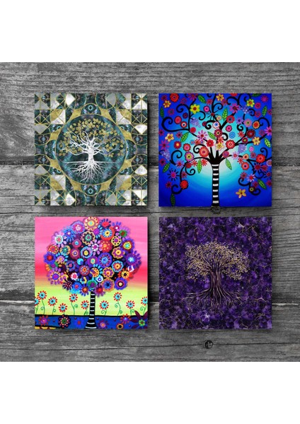 Hayat Ağacı Taş Bardak Altlığı Masaüstü Koruyucu Altlık 4 Parça Set 10x10cm Stone Coasters SC488