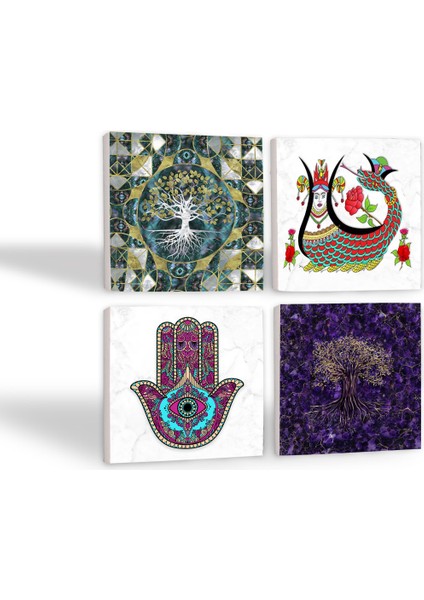 Stone Hayat Ağacı, Fatma Ana Eli (Hamsa), Şahmeran Taş Bardak Altlığı – 4’lü Set, 10x10 cm Dekoratif Masaüstü Koruyucu Doğaltaş Altlık |SC489| fiyatları