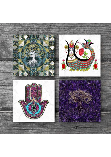 Stone Hayat Ağacı, Fatma Ana Eli (Hamsa), Şahmeran Taş Bardak Altlığı – 4’lü Set, 10x10 cm Dekoratif Masaüstü Koruyucu Doğaltaş Altlık |SC489| modelleri