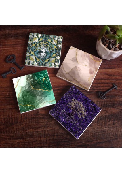 Hayat Ağacı, Soyut Sanat Taş Bardak Altlığı Masaüstü Koruyucu Altlık 4 Parça Set 10x10cm Stone Coasters SC491