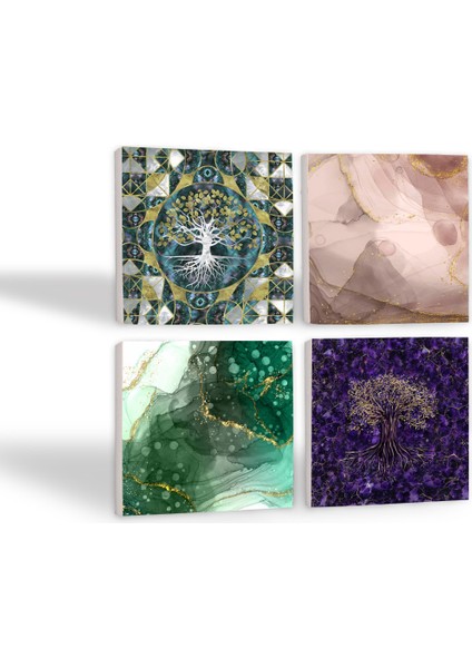 Hayat Ağacı, Soyut Sanat Taş Bardak Altlığı Masaüstü Koruyucu Altlık 4 Parça Set 10x10cm Stone Coasters SC491