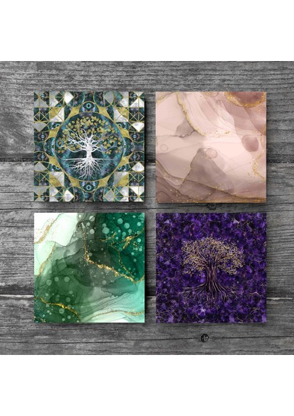 Hayat Ağacı, Soyut Sanat Taş Bardak Altlığı Masaüstü Koruyucu Altlık 4 Parça Set 10x10cm Stone Coasters SC491