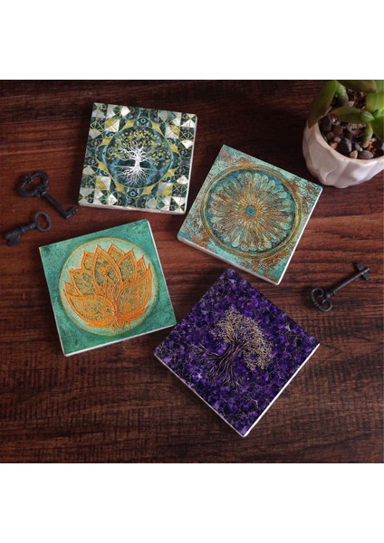 Hayat Ağacı, Lotus Çiçeği, Yaşam Çiçeği Taş Bardak Altlığı Masaüstü Koruyucu Altlık 4 Parça Set 10x10cm Stone Coasters SC493
