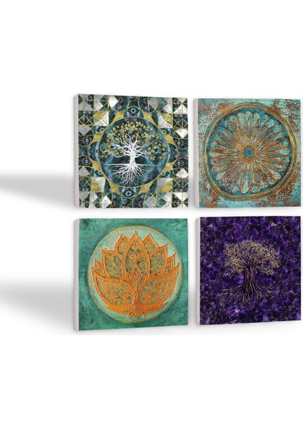 Hayat Ağacı, Lotus Çiçeği, Yaşam Çiçeği Taş Bardak Altlığı Masaüstü Koruyucu Altlık 4 Parça Set 10x10cm Stone Coasters SC493