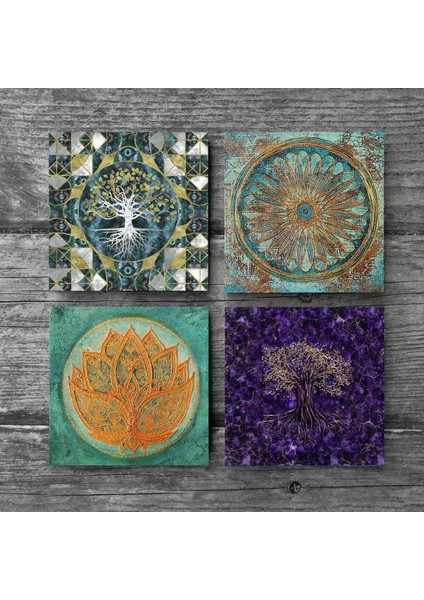 Hayat Ağacı, Lotus Çiçeği, Yaşam Çiçeği Taş Bardak Altlığı Masaüstü Koruyucu Altlık 4 Parça Set 10x10cm Stone Coasters SC493