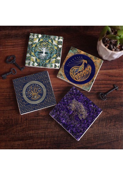 Stone Hayat Ağacı, Nazar, Tavus Kuşu Taş Bardak Altlığı – 4’lü Set, 10x10 cm Dekoratif Masaüstü Koruyucu Doğaltaş Altlık |SC494|