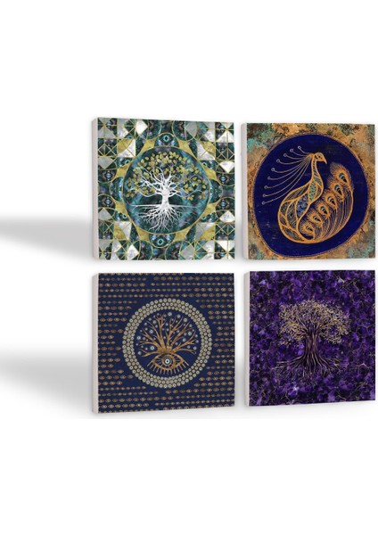 Stone Hayat Ağacı, Nazar, Tavus Kuşu Taş Bardak Altlığı – 4’lü Set, 10x10 cm Dekoratif Masaüstü Koruyucu Doğaltaş Altlık |SC494| fiyatları