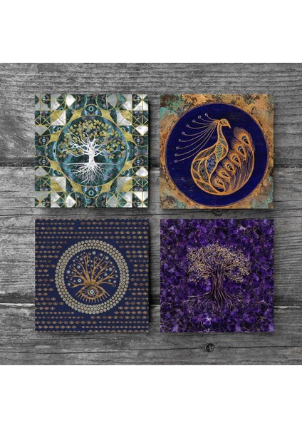 Stone Hayat Ağacı, Nazar, Tavus Kuşu Taş Bardak Altlığı – 4’lü Set, 10x10 cm Dekoratif Masaüstü Koruyucu Doğaltaş Altlık |SC494| modelleri