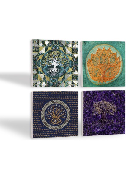 Hayat Ağacı, Nazar, Lotus Çiçeği Taş Bardak Altlığı Masaüstü Koruyucu Altlık 4 Parça Set 10x10cm Stone Coasters SC495
