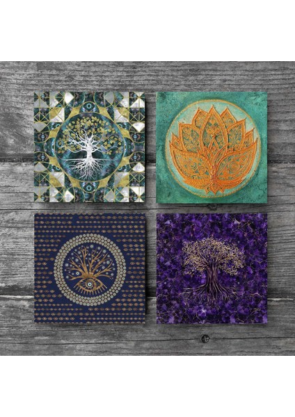 Hayat Ağacı, Nazar, Lotus Çiçeği Taş Bardak Altlığı Masaüstü Koruyucu Altlık 4 Parça Set 10x10cm Stone Coasters SC495