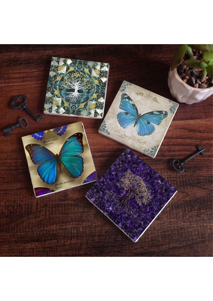 Stone Hayat Ağacı, Kelebek Taş Bardak Altlığı – 4’lü Set, 10x10 cm Dekoratif Masaüstü Koruyucu Doğaltaş Altlık |SC496|