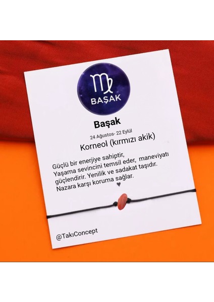 Başak Burcu Karneol (Kırmızı Akik) Doğal Taşlı Ip Burç Bilekliği