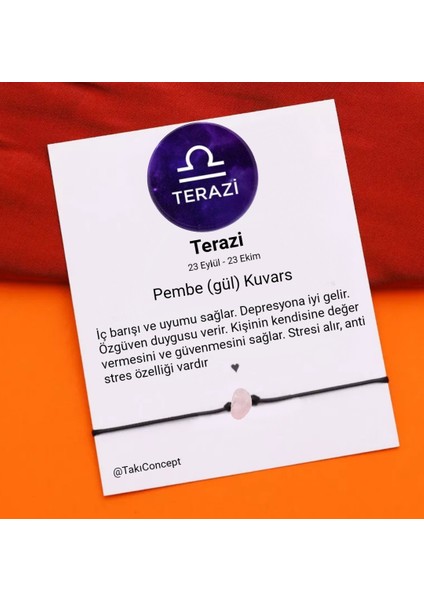 Terazi Burcu Pembe (Gül) Kuvars Doğal Taşlı Ip Burç Bilekliği