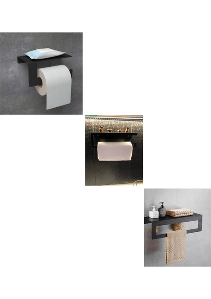 Modern Metal 3'lü Set: Raflı Banyo Havlu Askılığı Rulo Havlu Askılığı Tuvalet Kağıtlığı