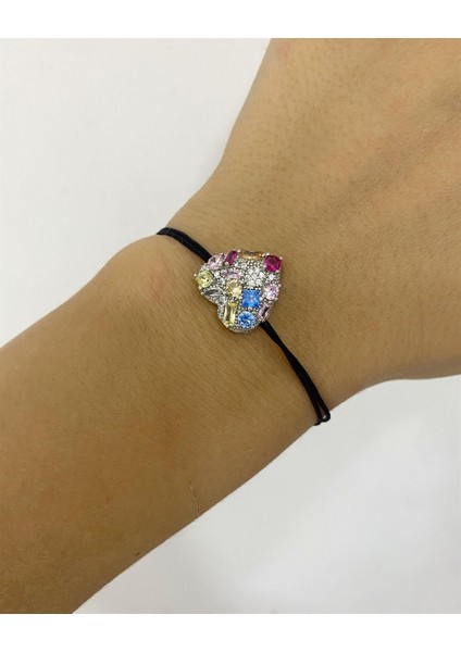 Kadın Gümüş Siyah İpli Renkli Taşlı Kalp Bileklik