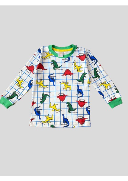 Elmas Kids Erkek Çocuk %100  Pamuklu Renkli Dinozor Desenli Kolları ve Paçaları Şeritli Pijama Takımı