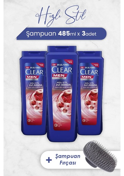 Hızlı Stil 2'si 1 Arada Şampuan 485 ml x 3 Adet ve Şampuan Fırçası