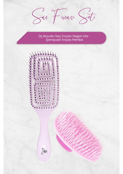 Üç Boyutlu Saç Fırçası Vegan Lila ve Şampuan Fırçası Pembe