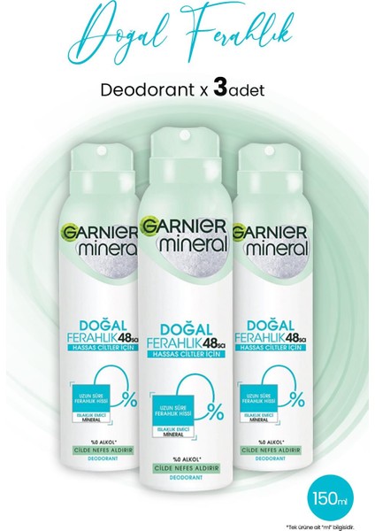Mineral 48 Saat Doğal Ferahlık Kadın Sprey Deodorant 150 ml x 3 Adet