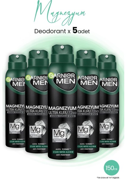 Men Magnezyum Ultra Kuru 72 Saat Sprey Deodorant 150 ml x 5 Adet