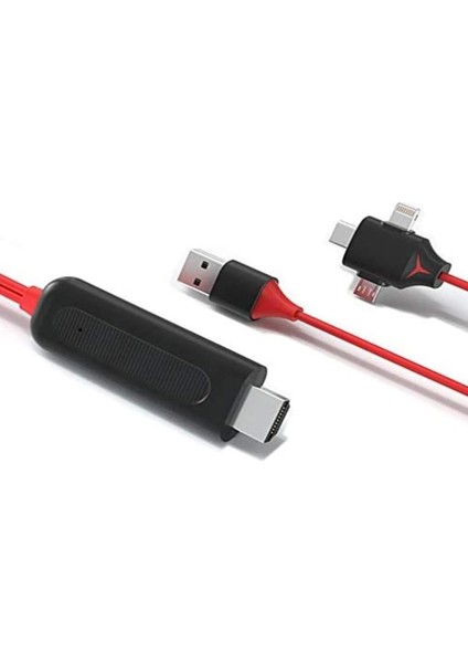 Tüm Apple Tablet,telefonlar Için Görüntü ve Ses Aktarımı Kablosu : Type-C + Lightning + Micro USB To HDMI 2m Kablo.