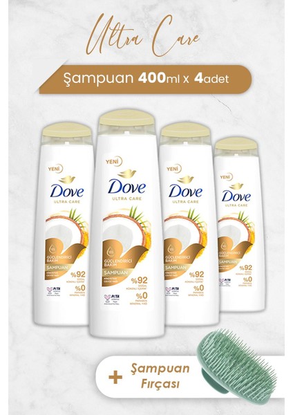 Ultra Care Şampuan Hindistan Cevizi 400 ml x 4 Adet ve Şampuan Fırçası