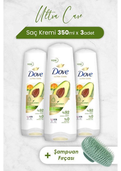 Ultra Care Saç Kremi Avokado Özü 350 ml x 3 Adet ve Şampuan Fırçası