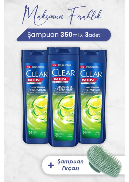 Men Şampuan Maksimum Ferahlık 350 ml x 3 Adet ve Şampuan Fırçası