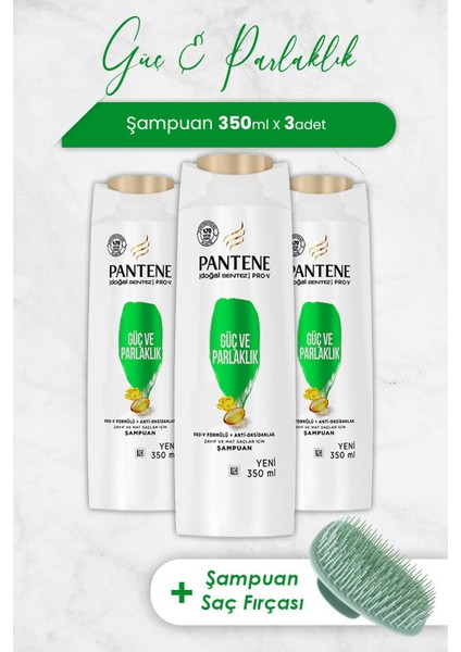 Şampuan Pro-V Doğal Sentez Güç ve Parlaklık 350 ml x 3 Adet ve Şampuan Fırçası
