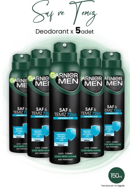 Men 72H Saf ve Temiz Erkek Deodorant 150 ml x 5 Adet