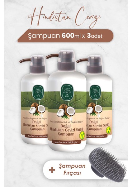 Hindistan Cevizi Şampuan 600 ml x 3 Adet ve Şampuan Fırçası