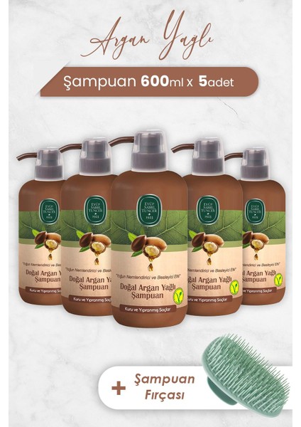 Argan Yağlı Şampuan 600 ml x 5 Adet ve Şampuan Fırçası