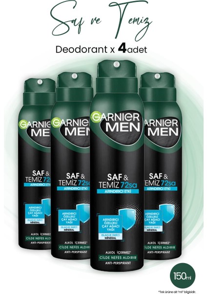 Men 72H Saf ve Temiz Erkek Deodorant 150 ml x 4 Adet